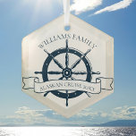 Adorno De Cristal Viaje de crucero para familias personalizados Keep<br><div class="desc">Moda personalizado vacaciones de verano regalo de Navidad para su crucero de playa en el océano con un volante de barco azul marino. Este diseño de temática náutica es perfecto para hacer correspondencias con el gusto de las familias para celebrar el viaje especial. Personaliza con tu apellido y año.</div>