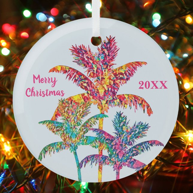 Adorno De Cristal Vibrantes palmeras tropicales arte de vacaciones (Palm Tree Pop Art Ornament)