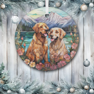 Adorno De Cristal Vidrieras Dos Perros Retriever Dorados