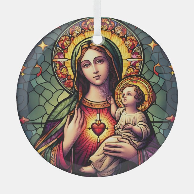 Adorno De Cristal Vidrio manchado de Madonna y niño (Anverso)