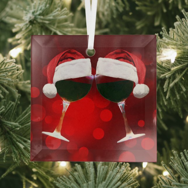 Adorno De Cristal Vino lindo y Santa Hat saludan las vacaciones feli (in situ)
