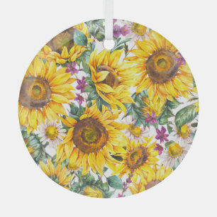Adorno De Cristal Vintage de girasol: florecimiento amarillo veranie