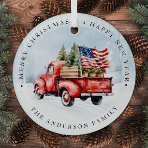 Adorno De Cristal Vintage Red Truck Patriotic USA Flag Navidades