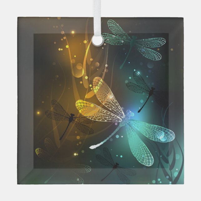 Adorno De Cristal Vuelo de libélula luminosa verde (Anverso)