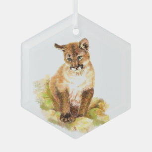 Adorno De Cristal Watercolor Cougar Kitten Wildlife Animal Art