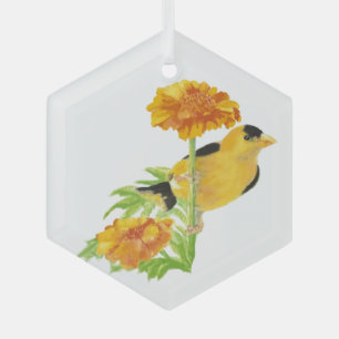 Adorno De Cristal Watercolor Goldfinch Bird Marigold Garden Flower