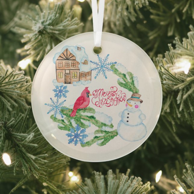 Adorno De Cristal Watercolor Snowman Snowflakes Feliz Navidad (in situ)