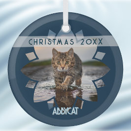 Adorno De Cristal Wet Cat Photo Framed in Flower on Blue