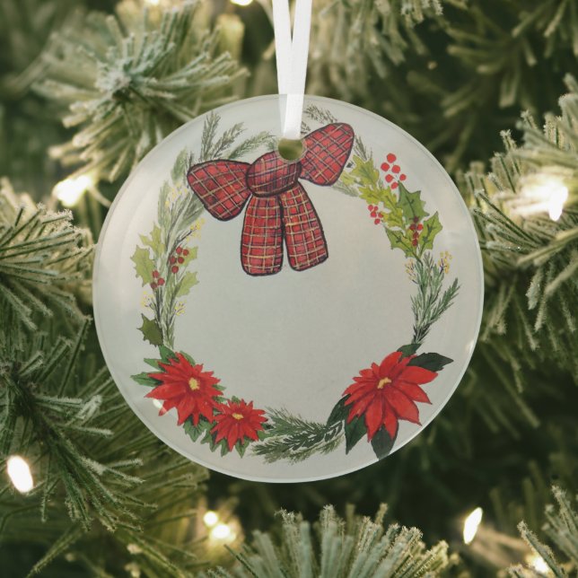 Adorno De Cristal Wreath acuarela con Poinsettia y Bow G (in situ)