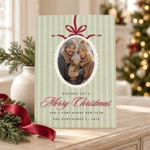 Adorno de foto de lazo rojo elegante Navidad vinta