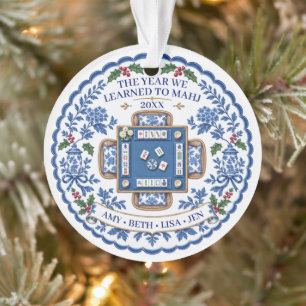 Adorno de Mahjong Chinoiserie Azul Blanco Nombres