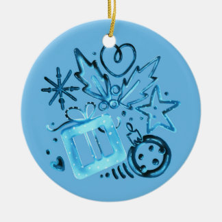 Adorno de Navidad de cerámica azul con regalo