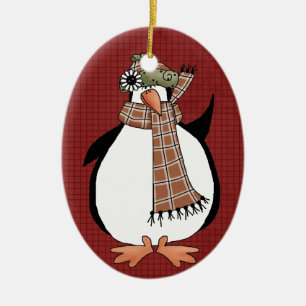 Adorno de Navidad de cerámica de pingüino campestr