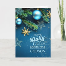 adorno de Navidad Holly Jolly para ahijado azul