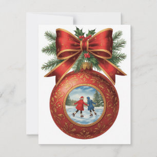 Adorno de niños patinando con lazo rojo de Navidad