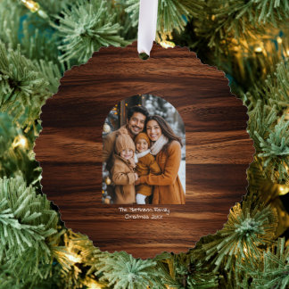 Adorno De Papel Arch Family Christmas Photo Woodgrain Pattern 
