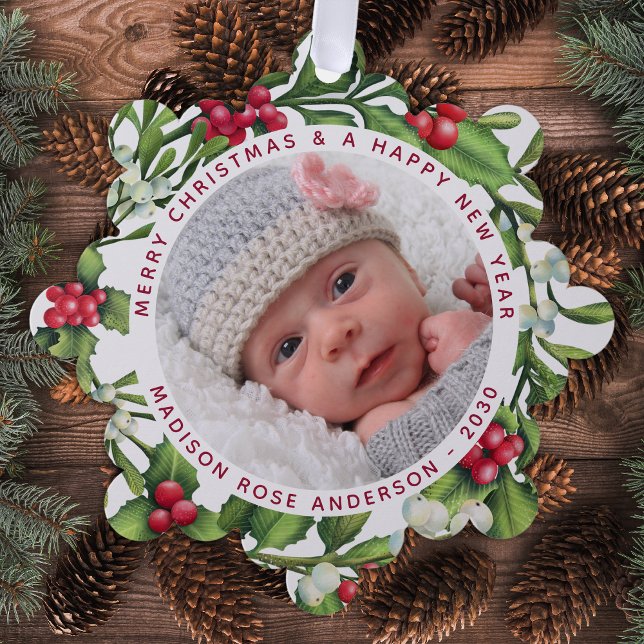 Adorno De Papel Baby First Christmas Personalized Photo Mistleto (Subido por el creador)