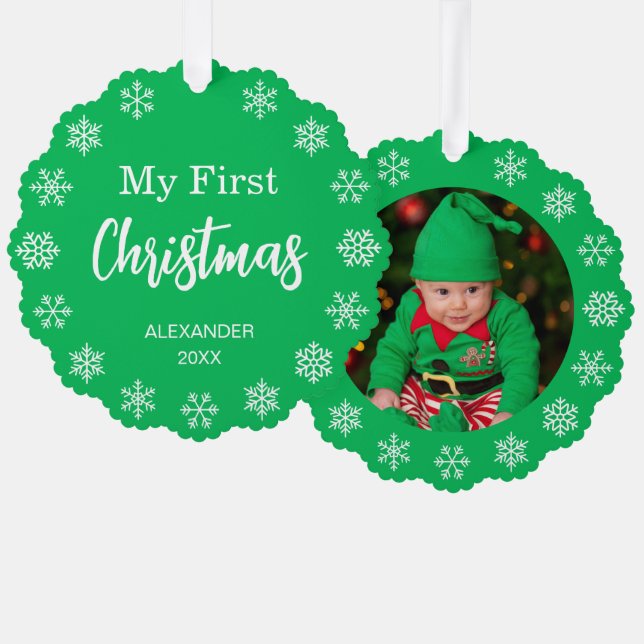 Adorno De Papel  Baby Photo Snowflakes Green My First Christmas (Anverso/Reverso)