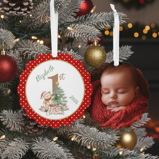 Adorno De Papel Baby's First Christmas Photo (Baby's First Christmas Teddy Bear photo ornament)