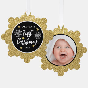 Adorno De Papel Babys First Christmas Photo Gold Purpurina