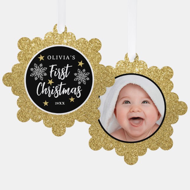 Adorno De Papel Babys First Christmas Photo Gold Purpurina (Anverso/Reverso)