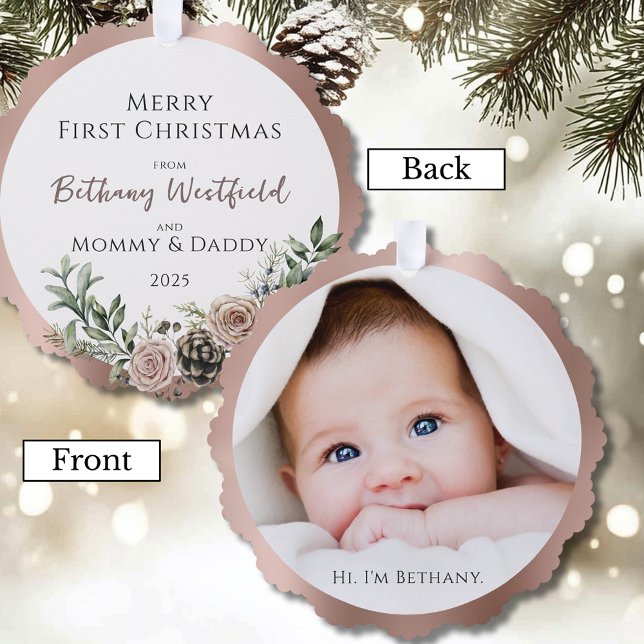 Adorno De Papel Baby's First Christmas Rose Gold Photo Keepsake (Baby's First Christmas Rose Gold Photo Keepsake Holiday Ornament Card for Family and Friends)