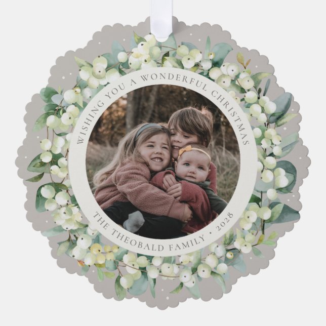 Adorno De Papel Beige Snowberry+Eucalyptus Christmas Wreath Photo  (Anverso)