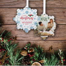 Blue Red Holly Snowflakes Fotos navideñas