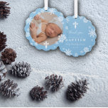 Adorno De Papel Blue Snowflakes Photo Winter Baptism Gracias<br><div class="desc">Hermoso bautismo de invierno gracias a ornamentos en azul con copos de nieve,  una cruz blanca y una foto de su bebé.</div>