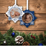 Adorno De Papel Blue White Snowflakes Navidades del bebé<br><div class="desc">Comodidad de fotos en forma de copo de nieve con una foto redonda de tu bebé con texto curvo y copos de nieve de bonito.</div>