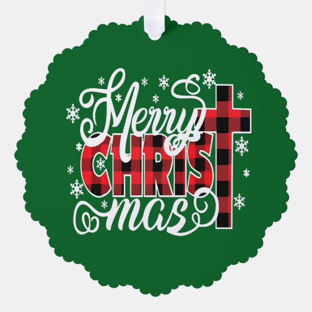 Adorno De Papel Buffalo Plaid Christian Christmas Design with Snow (Anverso)