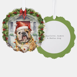 Adorno De Papel Bulldog británico con sombrero de Santa en la puer
