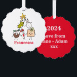 Adorno De Papel Caracteres de Navidades personalizados<br><div class="desc">Esta tarjeta de Navidades personalizada incluye la "tripulación de Navidad". Un grupo de lindos personajes de Navidades pequeños que adoran divertirse y hacer travesuras a los Navidades. El equipo incluye a Snowman,  Navidades Stocking,  Star,  Navidades Pudding,  Present y Candy Cane.</div>