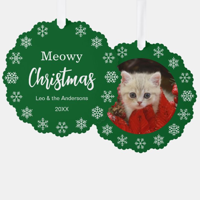Adorno De Papel Cat Photo Meowy Christmas Snowflakes Green Pet (Anverso/Reverso)