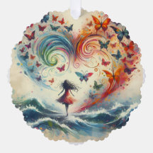 Chica sobre olas del océano con mariposas