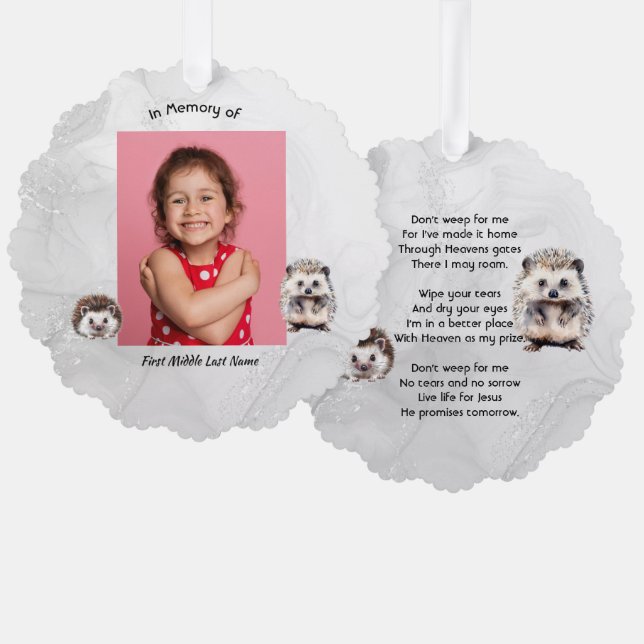 Adorno De Papel Christian Memorial Keepsake Hedgehog Children   (Anverso/Reverso)