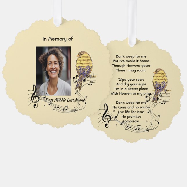 Adorno De Papel Christian Memorial Keepsake Music Bird (Anverso/Reverso)