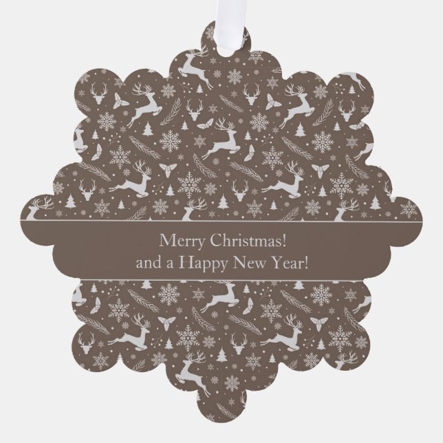 Adorno De Papel Christmas Reindeer Pattern Brown with Text (Anverso)