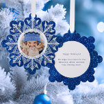 Adorno De Papel Copo de nieve blanco en foto de Purpurina de imita<br><div class="desc">Magical copo de nieve blanco encalado con plantilla de foto redonda y borde blanco con texto de personalizable sobre un brillante fondo purpurina azul. Atrás las características que coinciden con el fondo con el elemento redondeo en blanco y el campo de texto editable.</div>