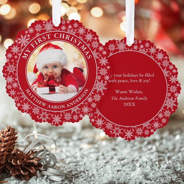 Adorno De Papel Copos de nieve mi primera foto de Navidad roja (A greeting card that is also an ornament! Customize with your photo and personalized text.)
