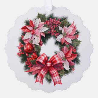 Adorno De Papel Corona de Navidad roja poinsettia y bayas rosa 