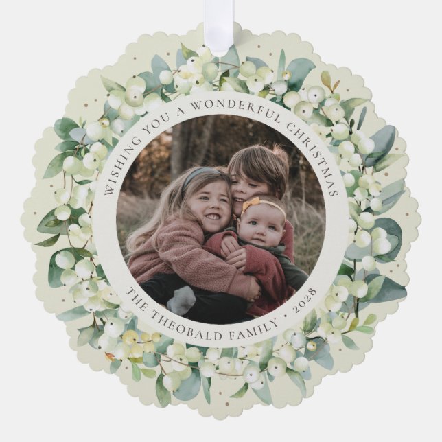 Adorno De Papel Cream Snowberry+Eucalyptus Christmas Wreath Photo  (Anverso)
