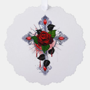 Adorno De Papel Cruz de Plata con una Rosa Roja