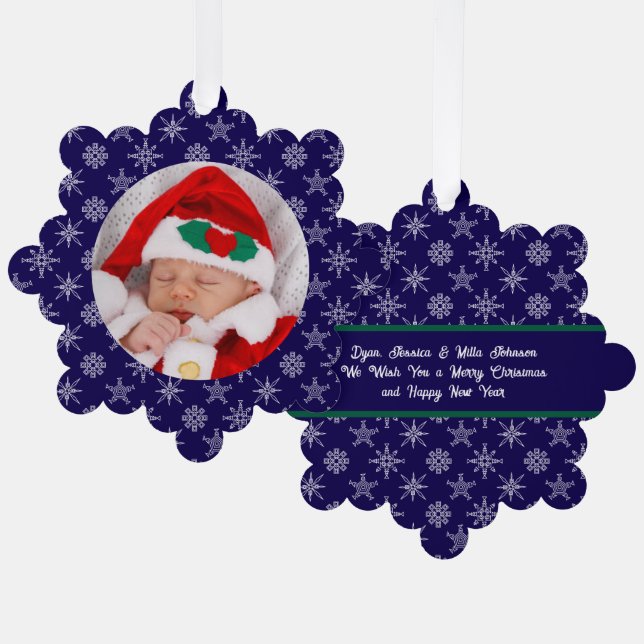 Adorno De Papel Custom Photo Santa Baby Snowflakes & Blue Paper (Anverso/Reverso)