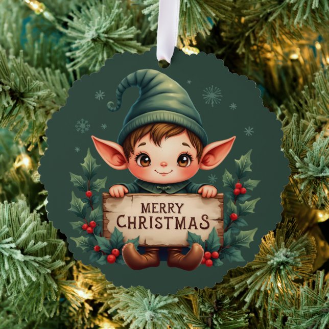 Adorno De Papel Cute Christmas Elf Holding Merry Sign Green (Insitu (árbol))