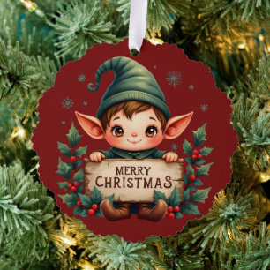 Adorno De Papel Cute Duende de Navidad sosteniendo un letrero rojo
