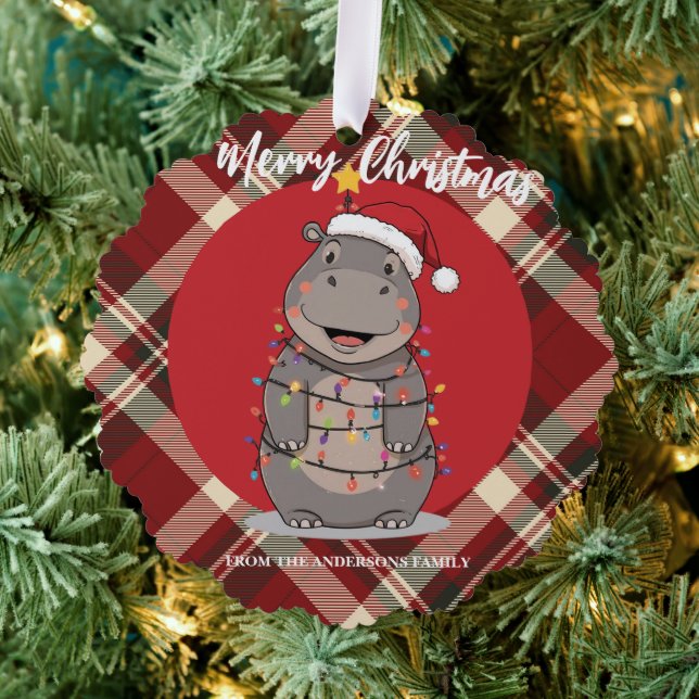 Adorno De Papel Cute Hippo Christmas tree zoo safari Xmas plaid pa (Insitu (árbol))