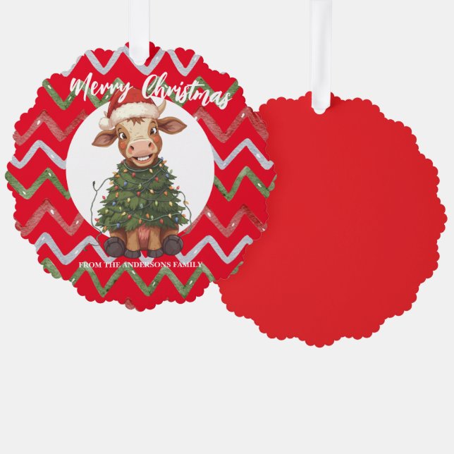 Adorno De Papel Cute merry Cow Christmas tree calf ox Xmas pattern (Anverso/Reverso)