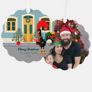Adorno De Papel El gallo portugués con un regalo de Navidad