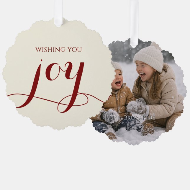 Adorno De Papel Elegant Red Joy Personalized Christmas Photo (Anverso/Reverso)